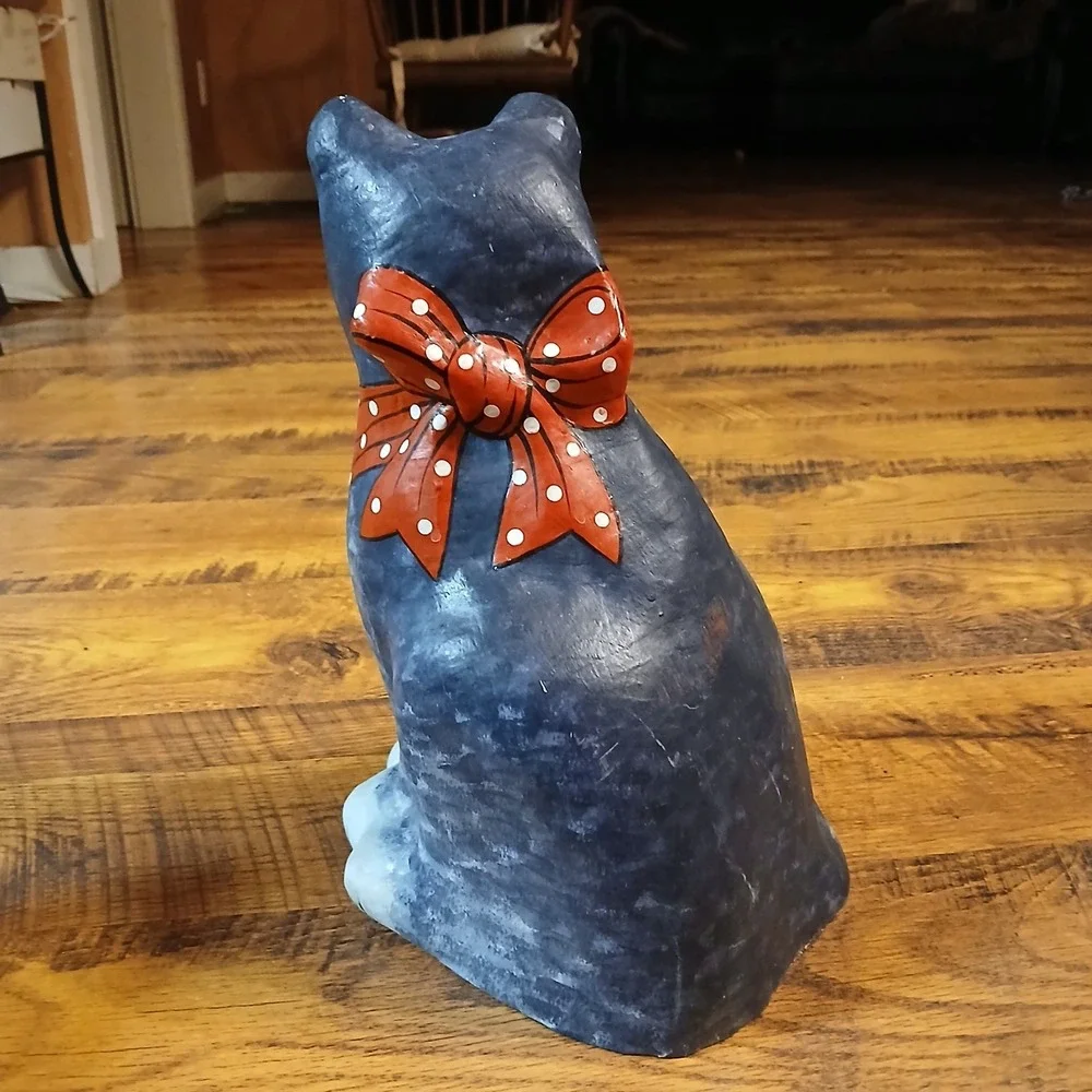 Vtg Paper Mache Cat Sitting Hand Painted Made In Thailand Red Bandana‎ Bow 14